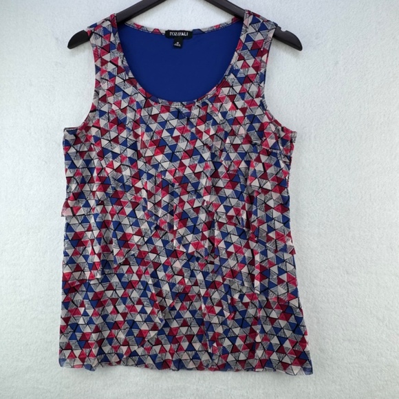 Roz Ali Blouse Women Sz M Tiered ruffle sleeveless triangle print blue red gray - Picture 1 of 6